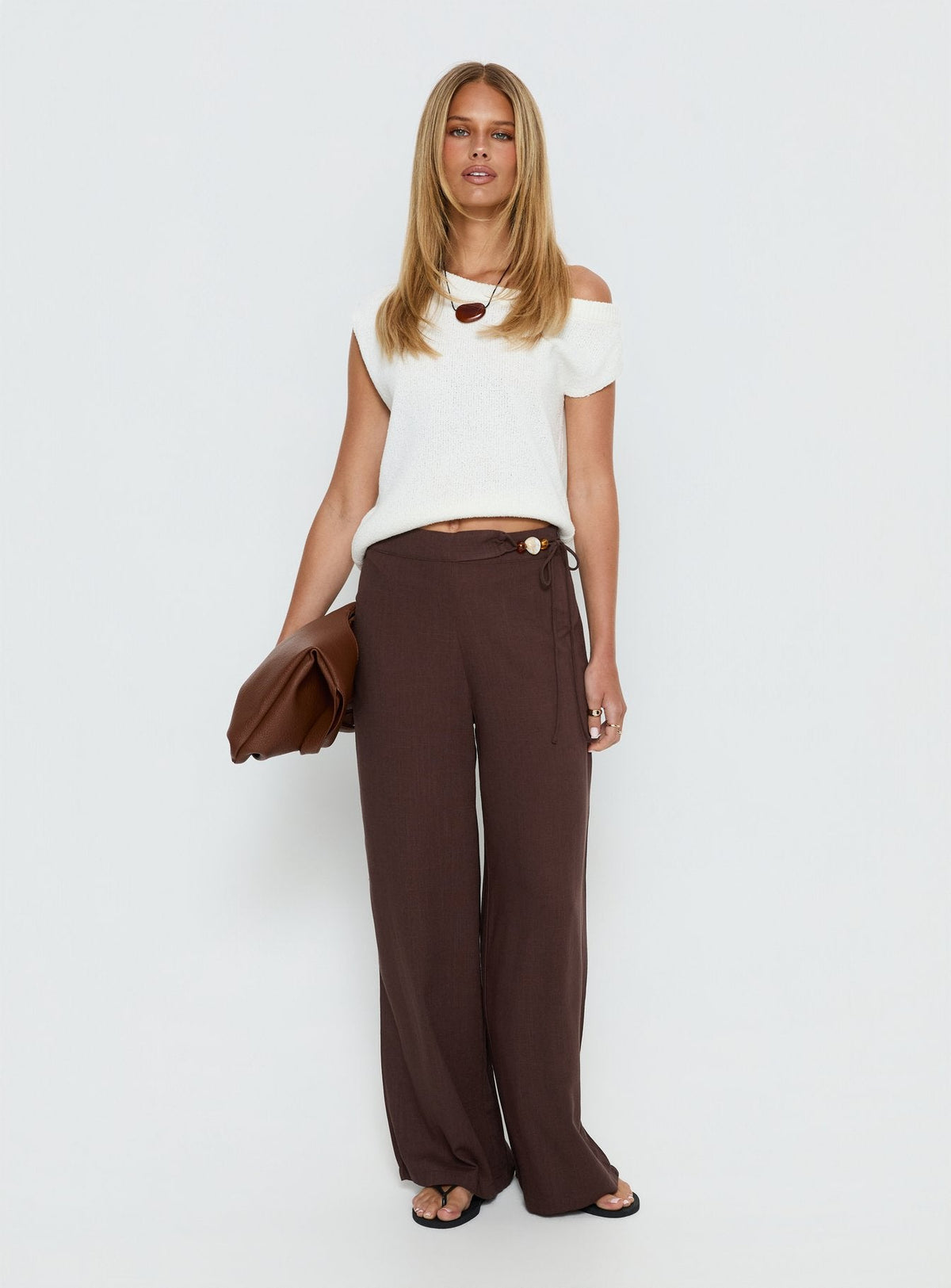 Pine For You Bead Detail Linen Pant Brown