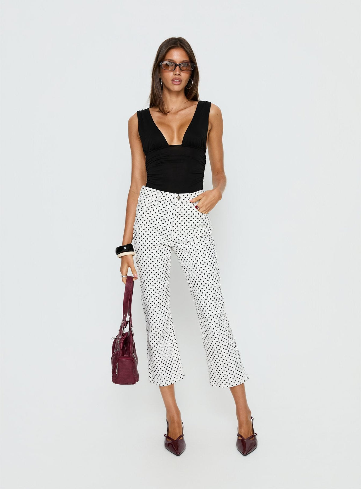 Cindee High Rise Cropped Jeans White Polka Dot