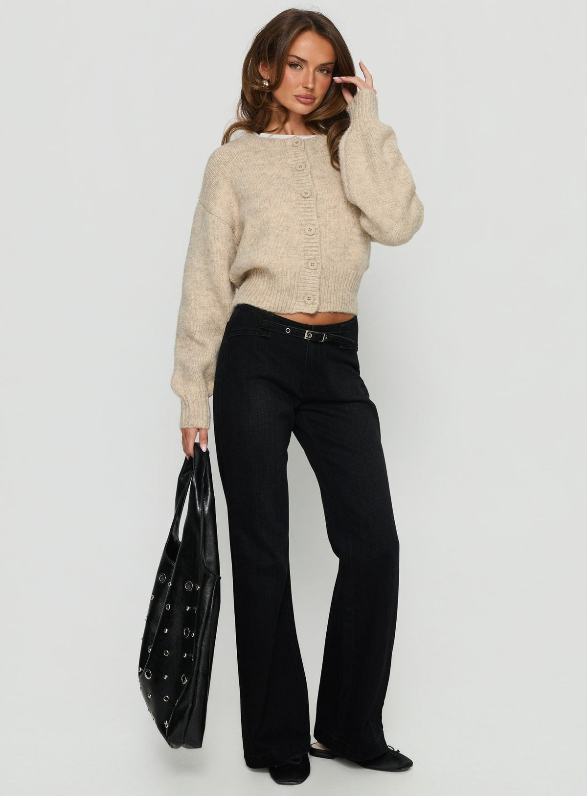 Slow Ride Mid Rise Bootleg Belted Jeans Washed Black