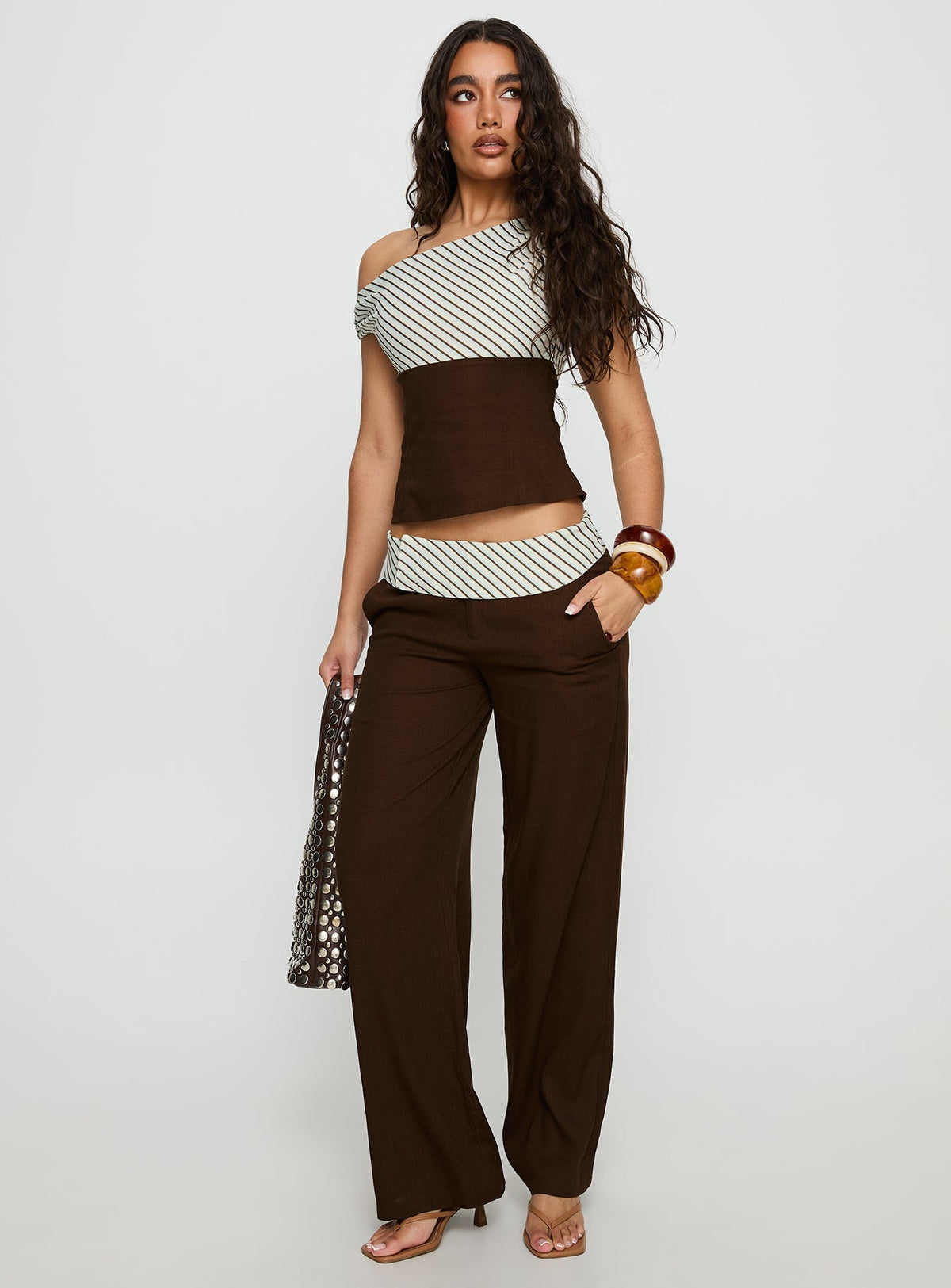 Past Life Fold Over Waistband Pant Brown / Stripe