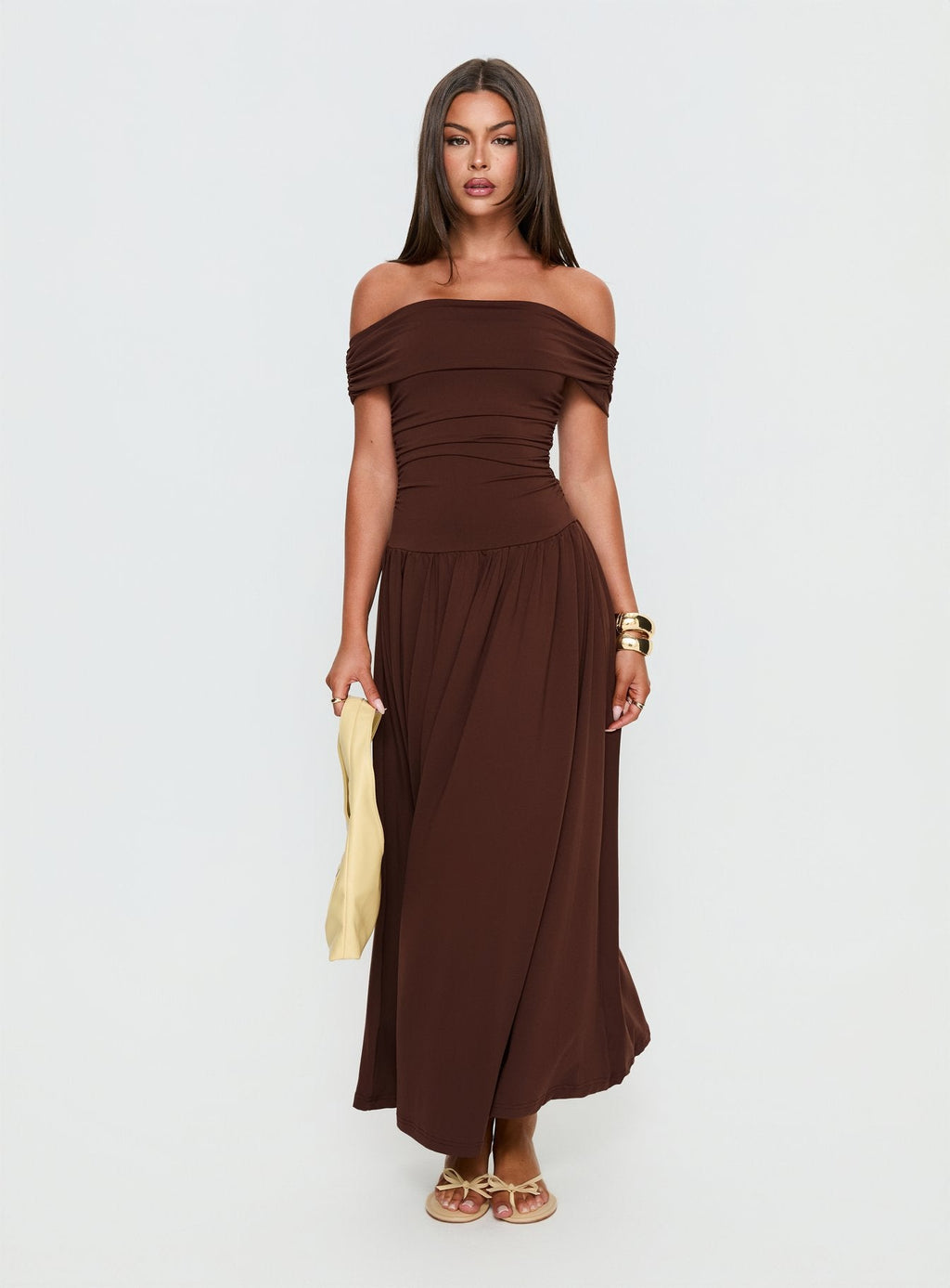 Katalia Off Shoulder Maxi Dress Chocolate Brown