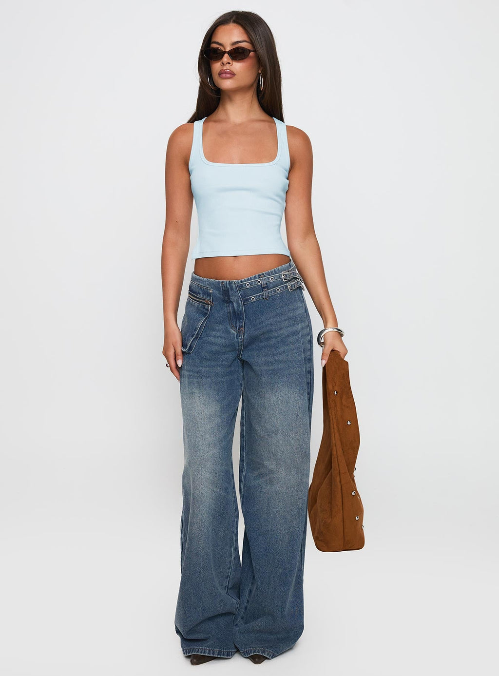 Paltrow Mid Rise Wide Leg Cargo Jeans Mid Blue Wash Petite