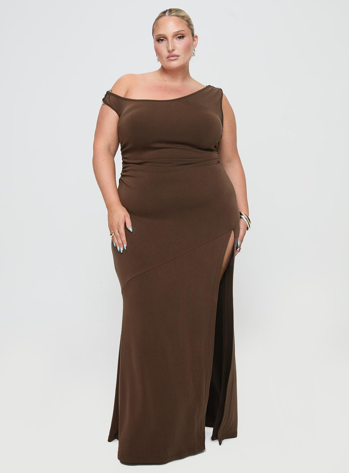 Rios One Shoulder Maxi Dress Brown Curve