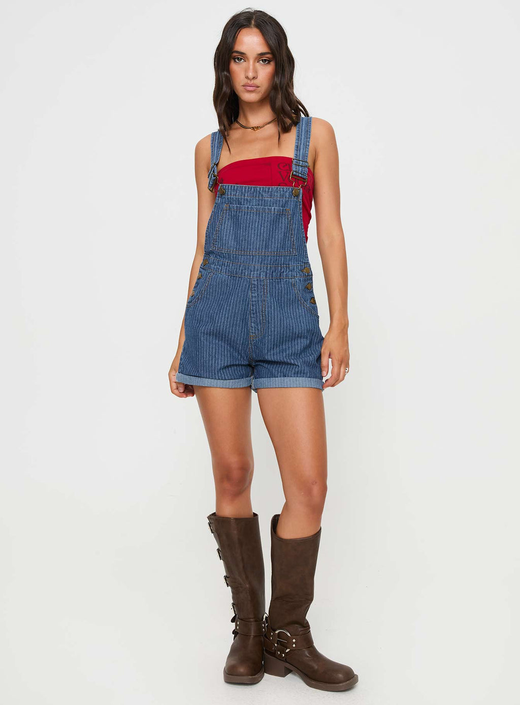 Kacey Short Overalls Mid Blue Pinstripe