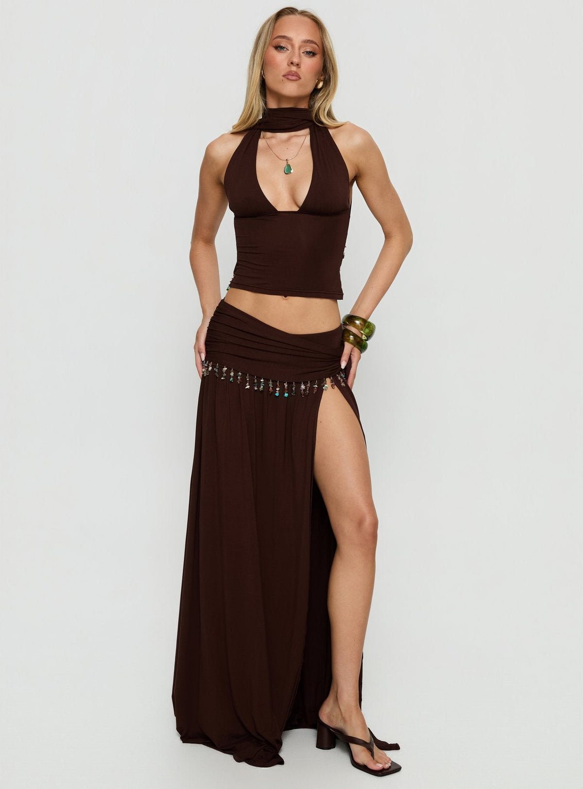 Spirita Beaded Halter Top Brown