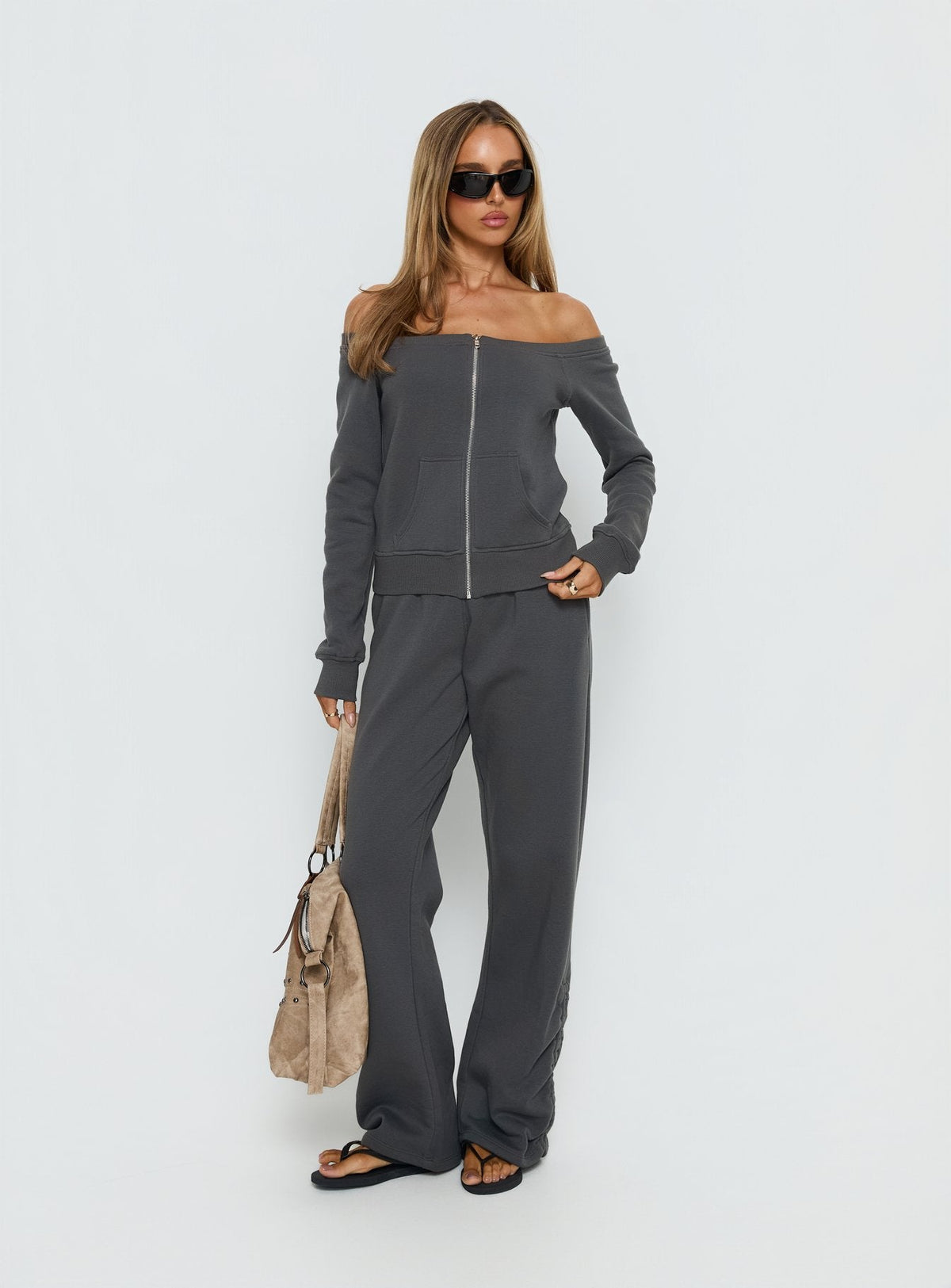 Airazo Off Shoulder Zip Through Sweatshirt Grey