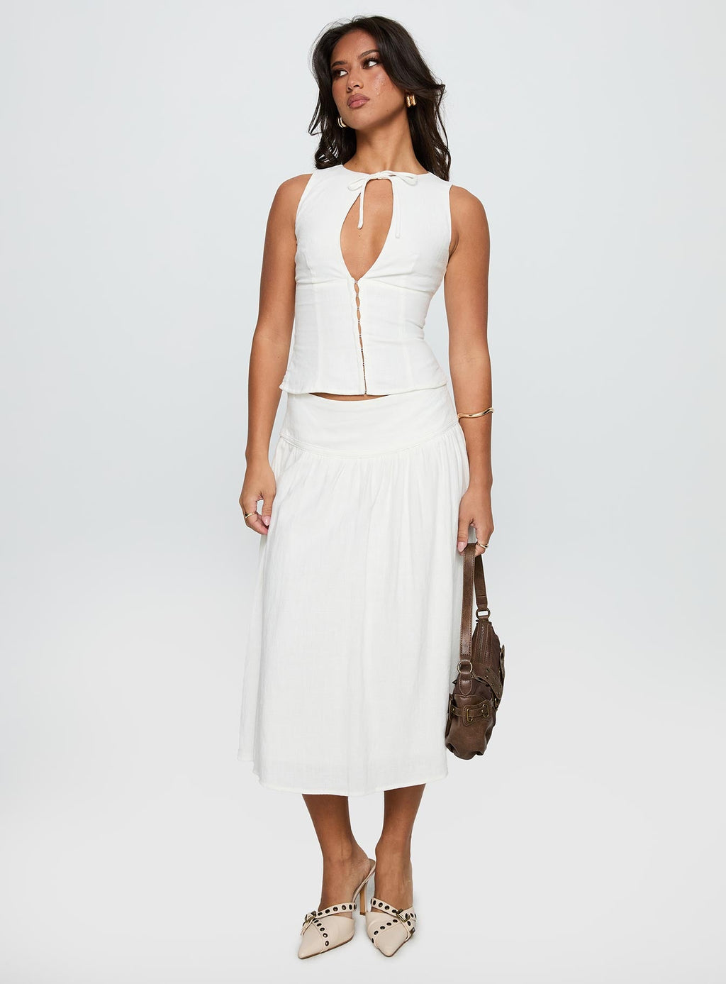 Heart Of Gold Linen Blend Midi Skirt White