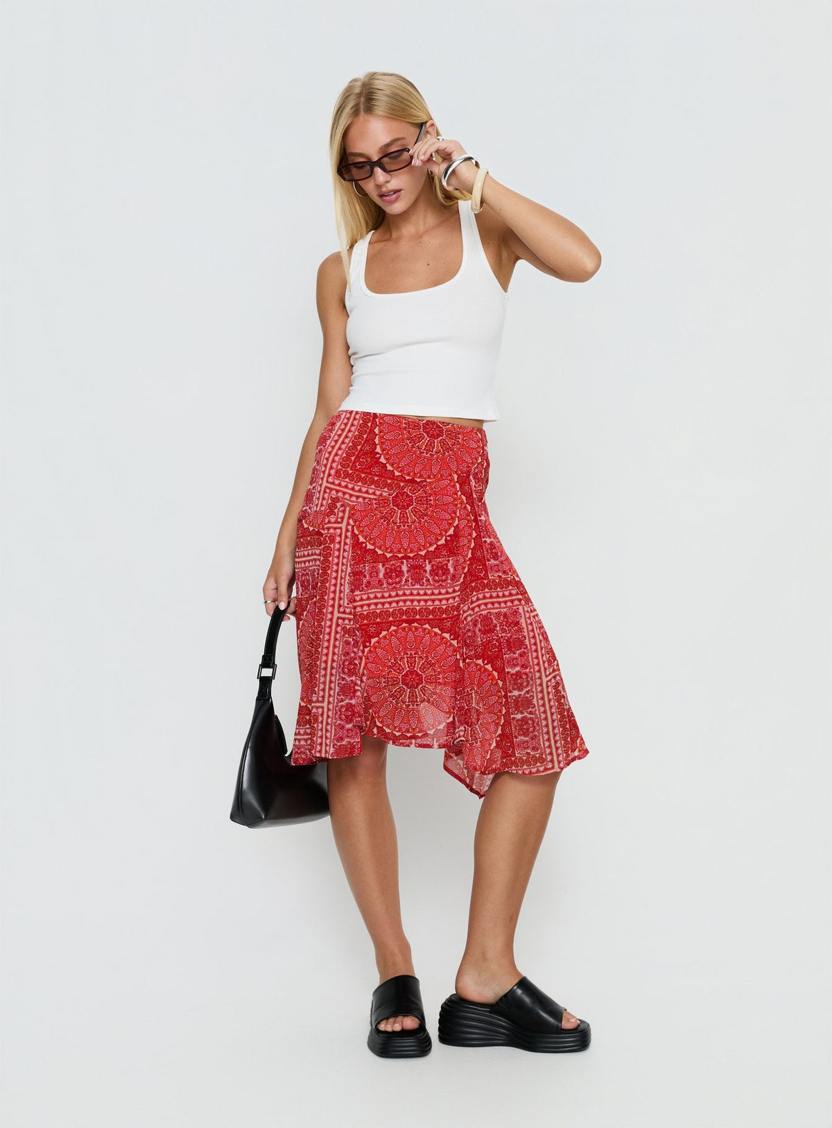Raenah Asymmetrical Midi Skirt Red Paisley