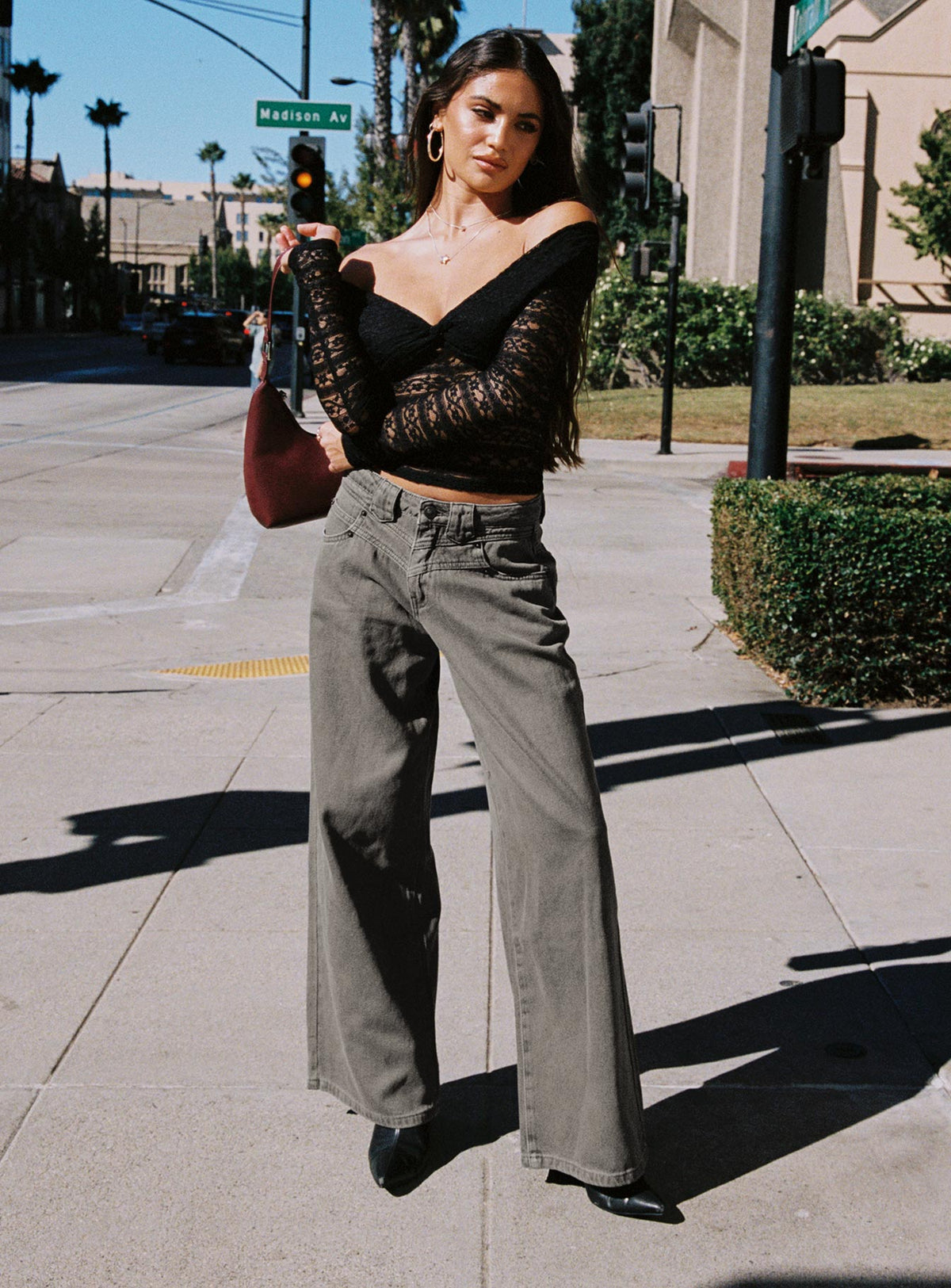 West Side Mid Rise Wide Leg Jeans Grey Wash