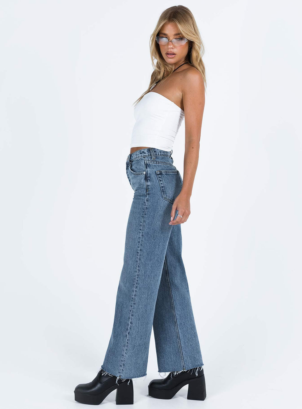 Fawcett High Rise Straight Leg Jeans Mid Blue Wash