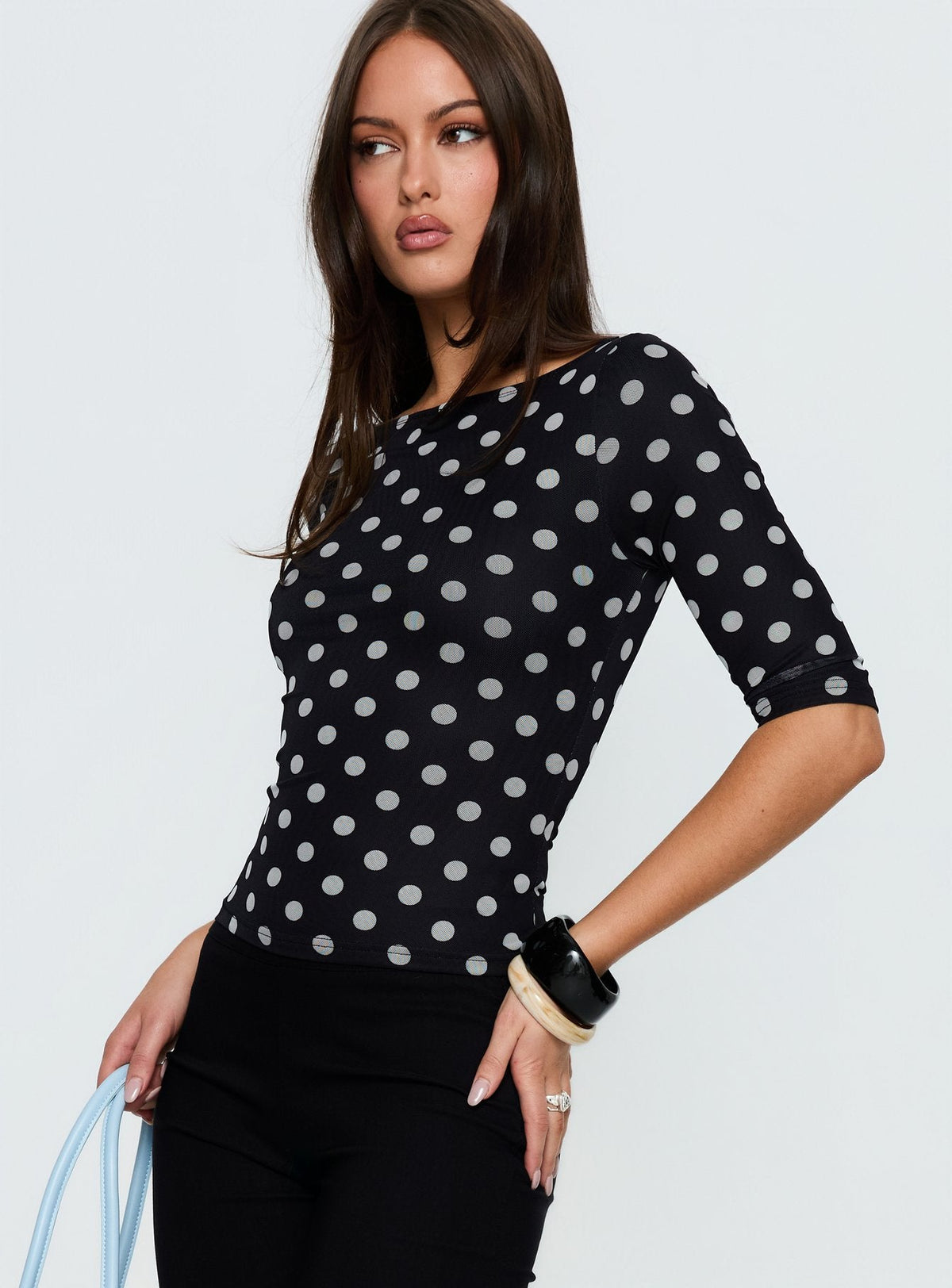 Venna 3/4 Sleeve Boat Neck Top Black / White Polka