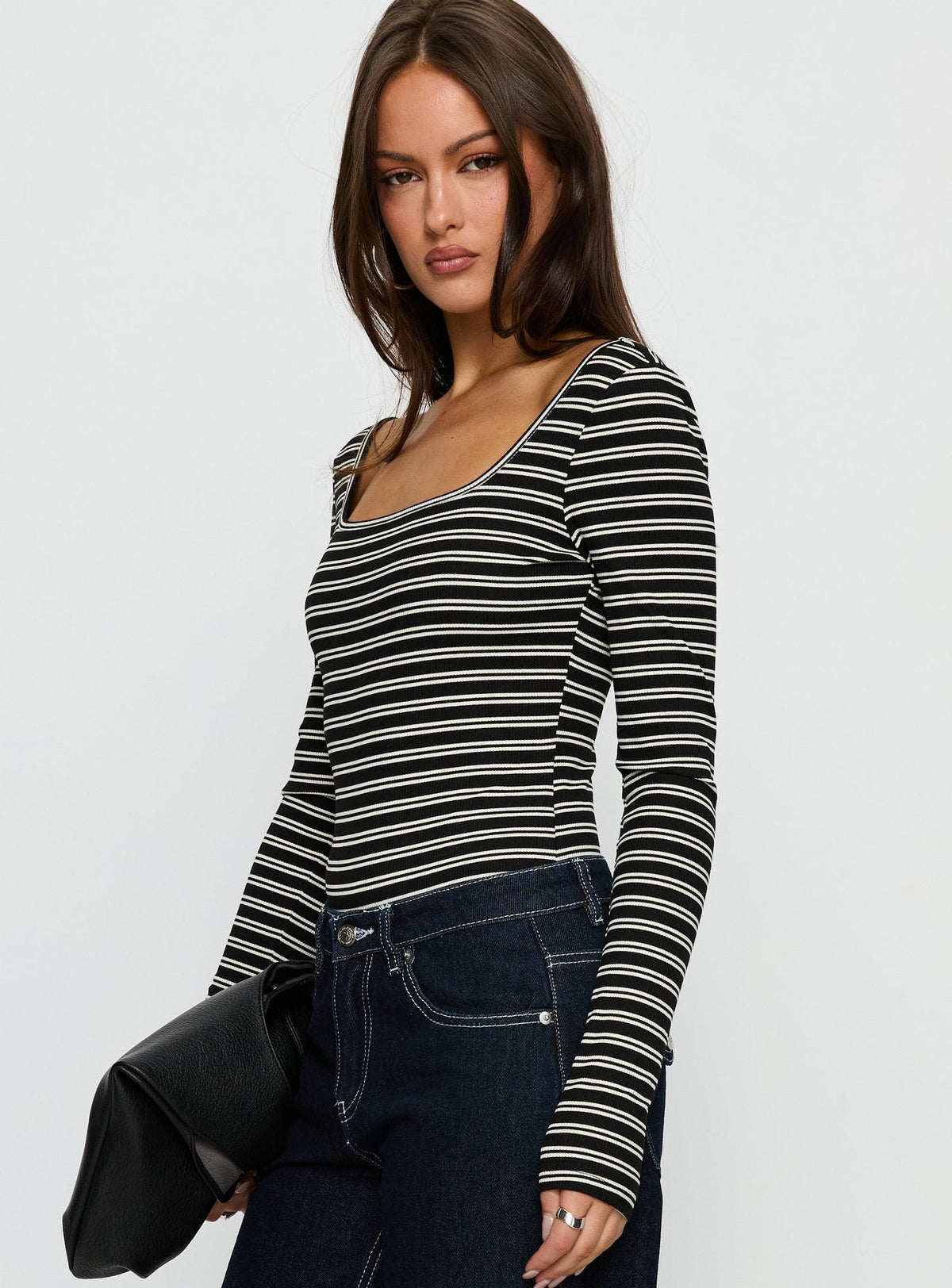 Donica Square Neck Long Sleeve Bodysuit Grey Stripe