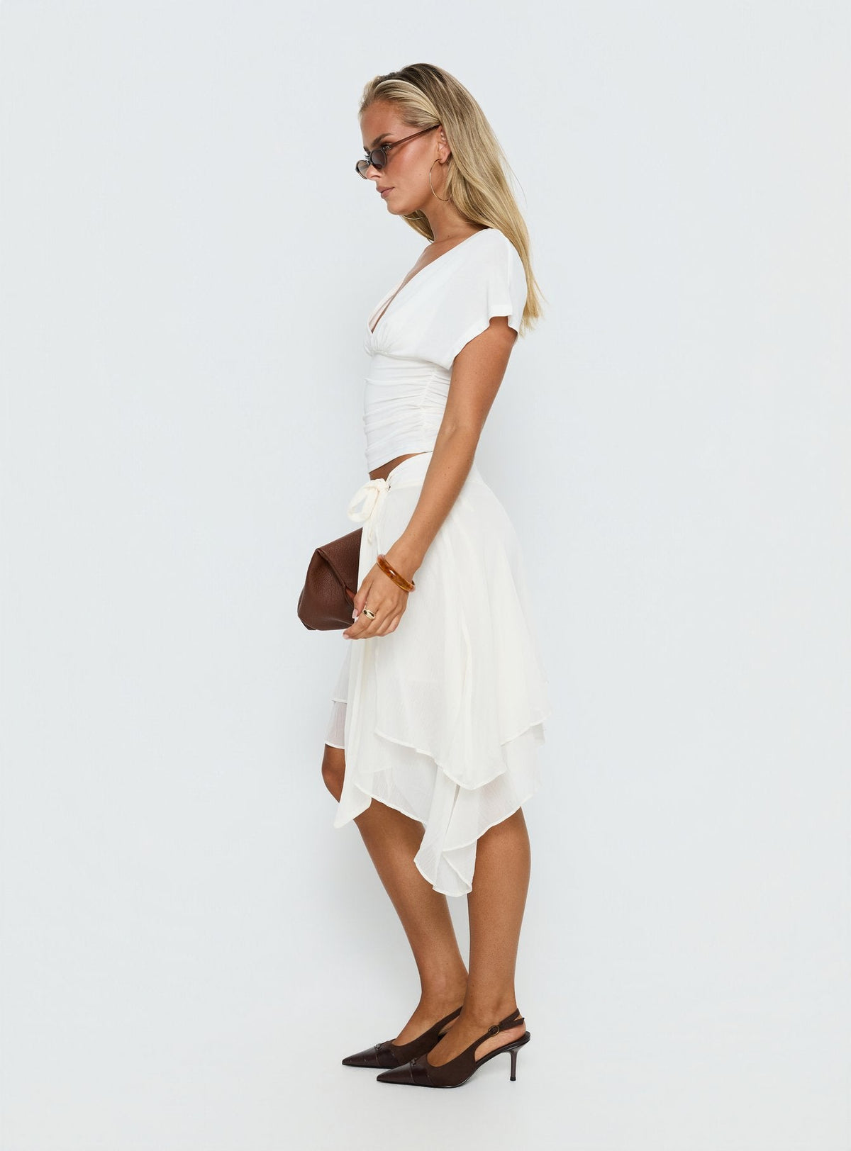 Ophella Tie Waist Chiffon Midi Skirt Cream