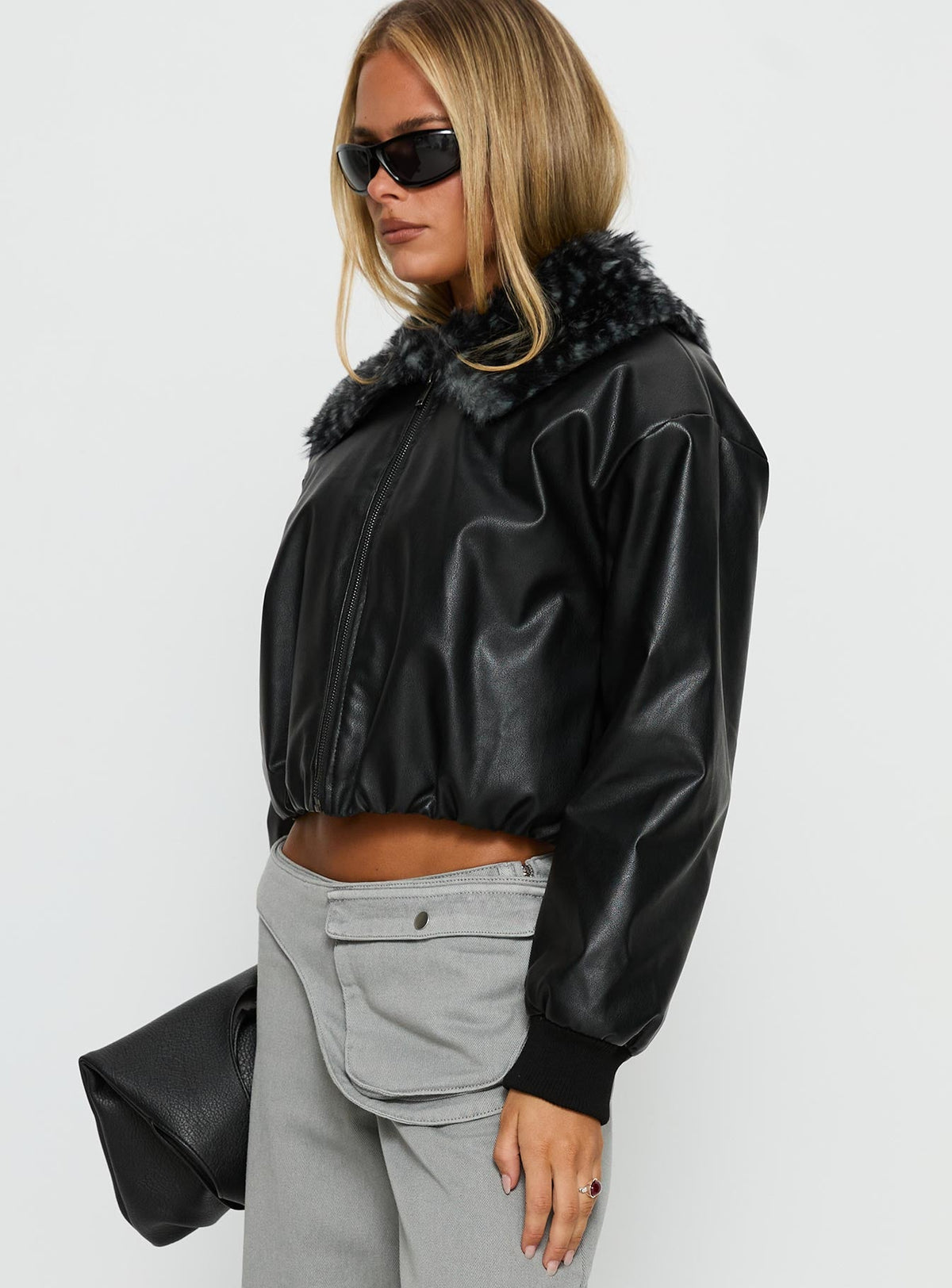 Koemi Faux Leather Collared Jacket Black
