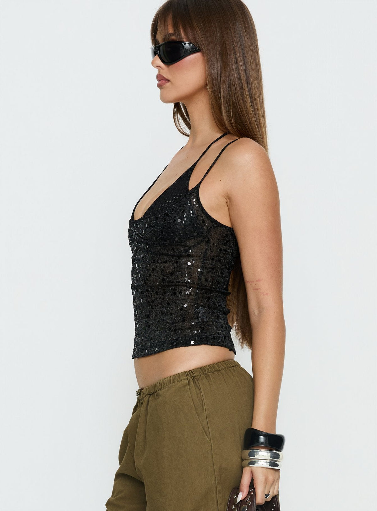 Odena Layered Sequin Cami Top Black