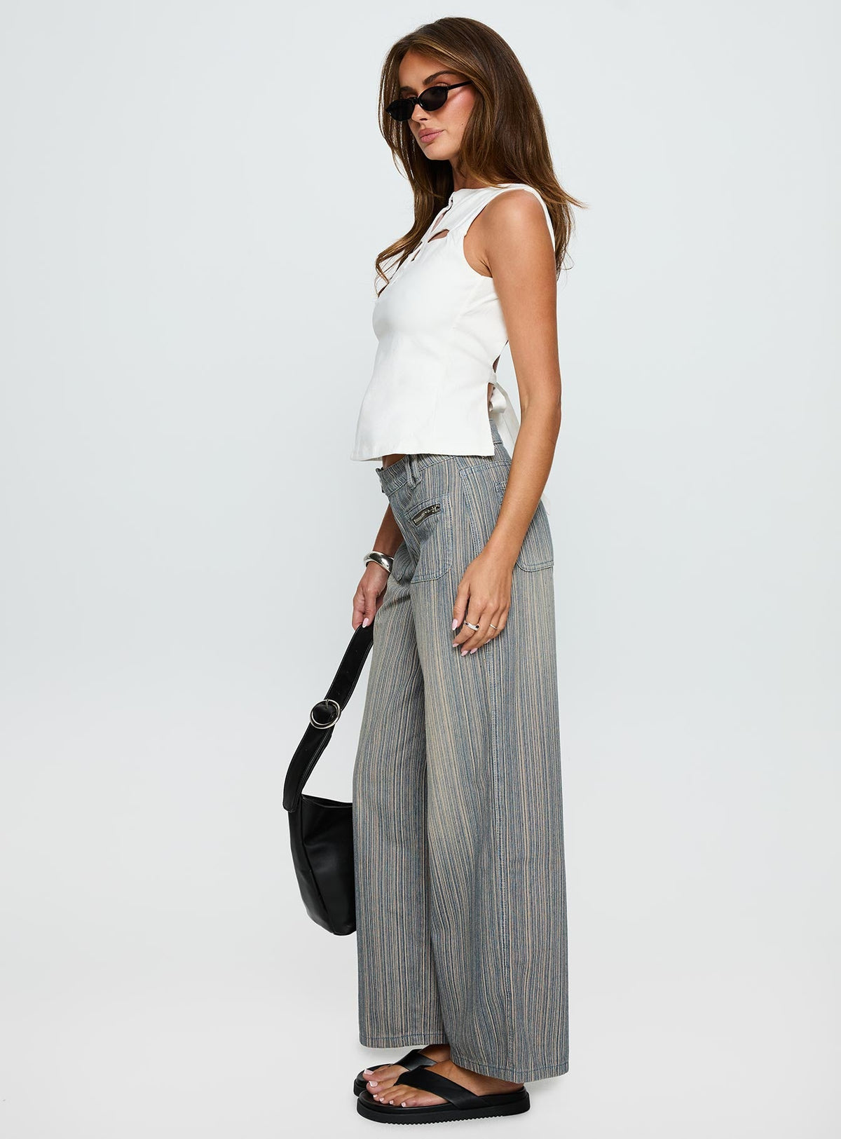 Lifetimes Mid Rise Wide Leg Cargo Jeans Dark Blue Stripe