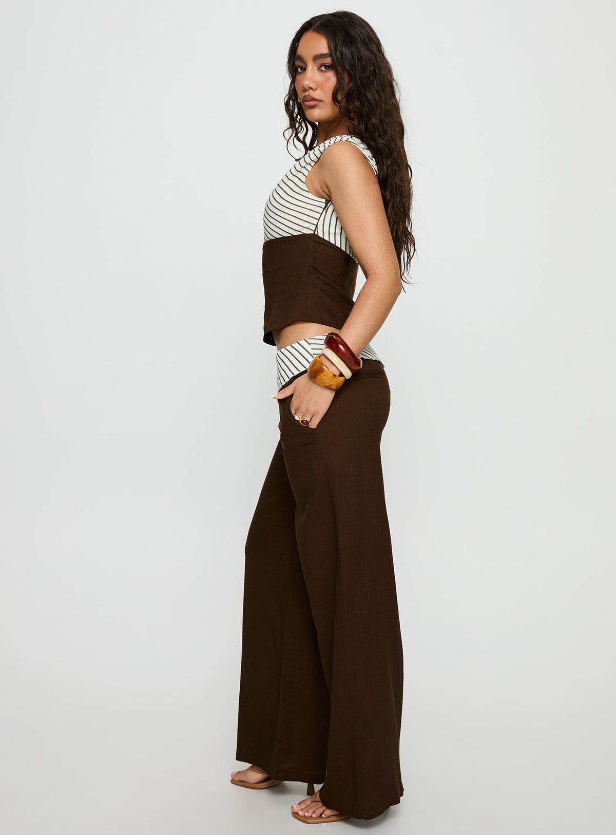 Past Life Fold Over Waistband Pant Brown / Stripe
