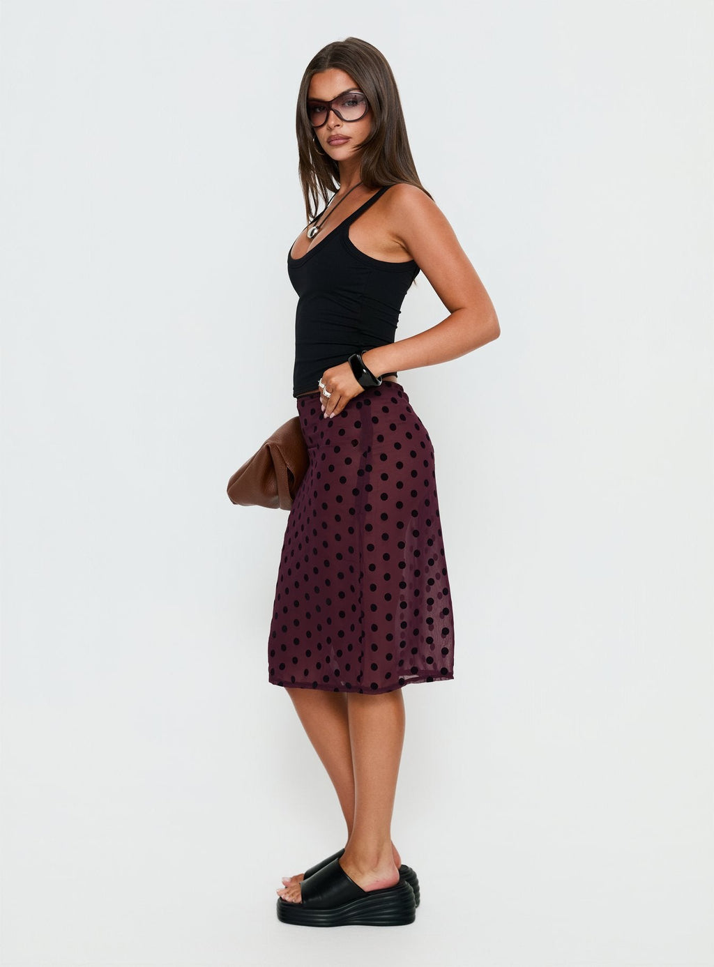 Evani Sheer Chiffon Midi Skirt Polka Maroon