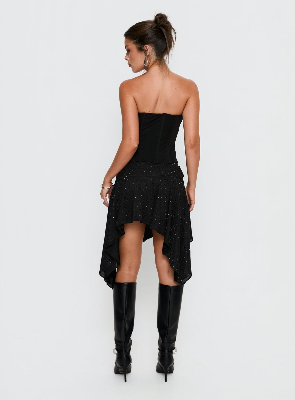 Hevenna Asymmetrical Plisse Mini Skirt Black Diamante