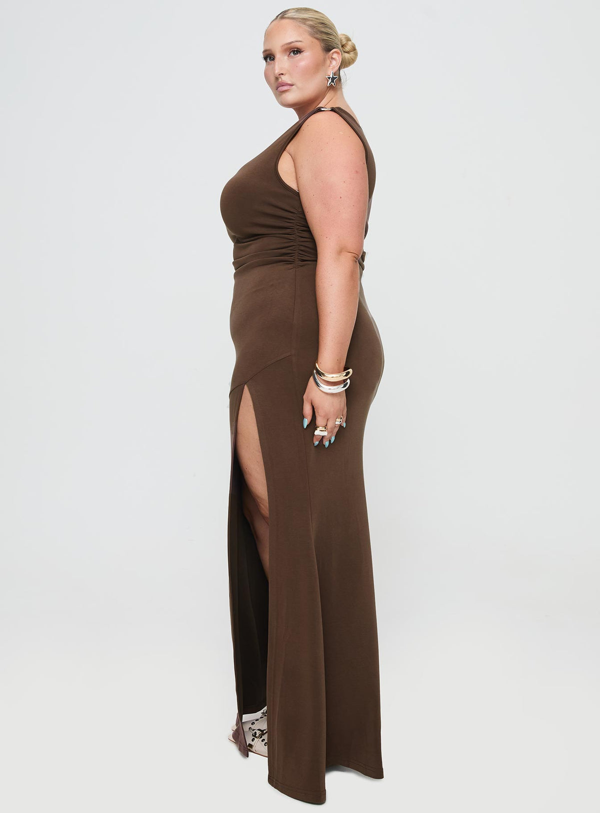 Rios One Shoulder Maxi Dress Brown Curve
