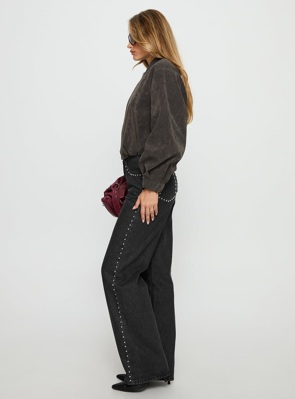 Saving Up Mid Rise Straight Leg Studded Jeans Jet Black