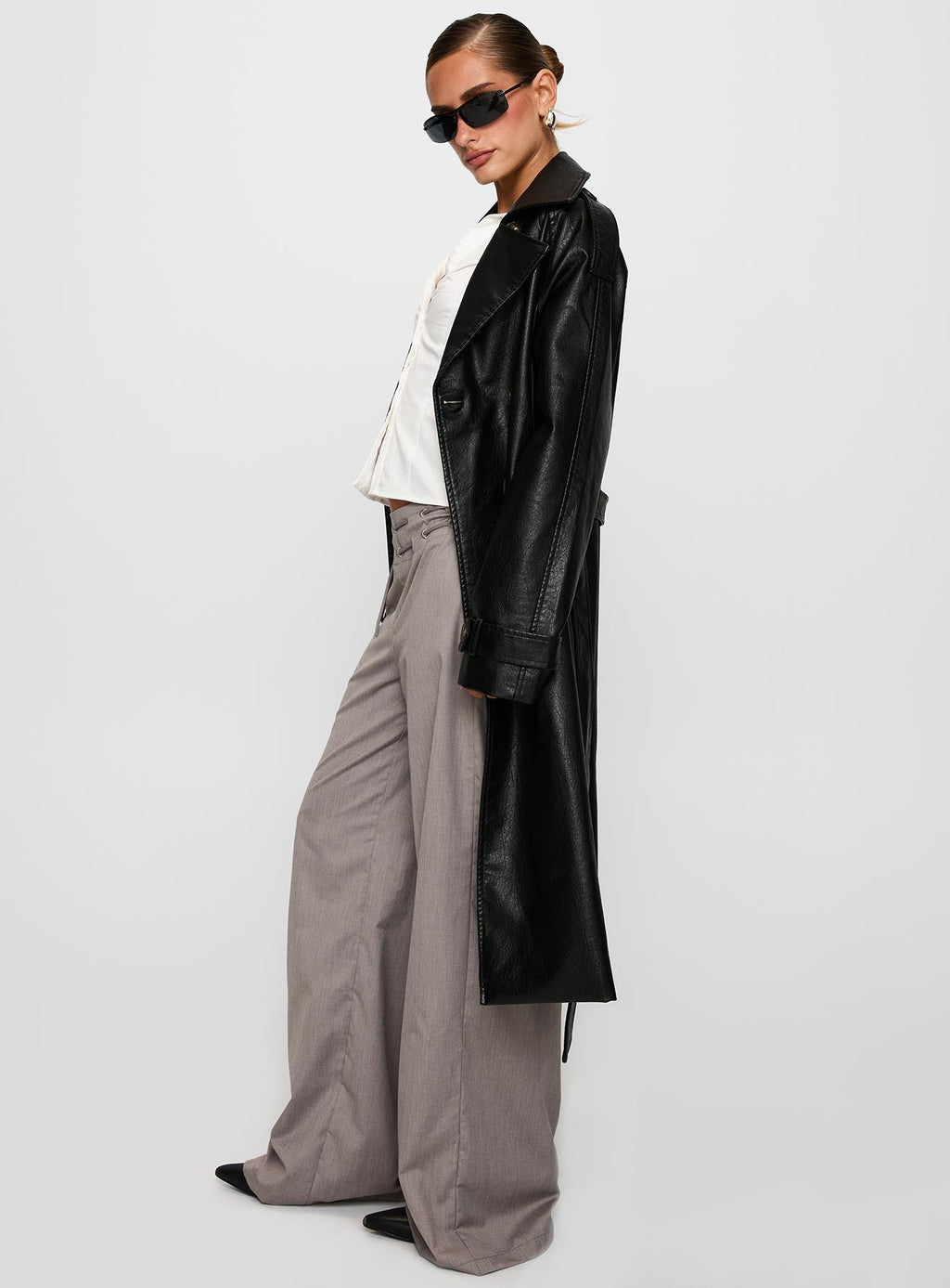 Think Later Faux Leather Trench Coat Black