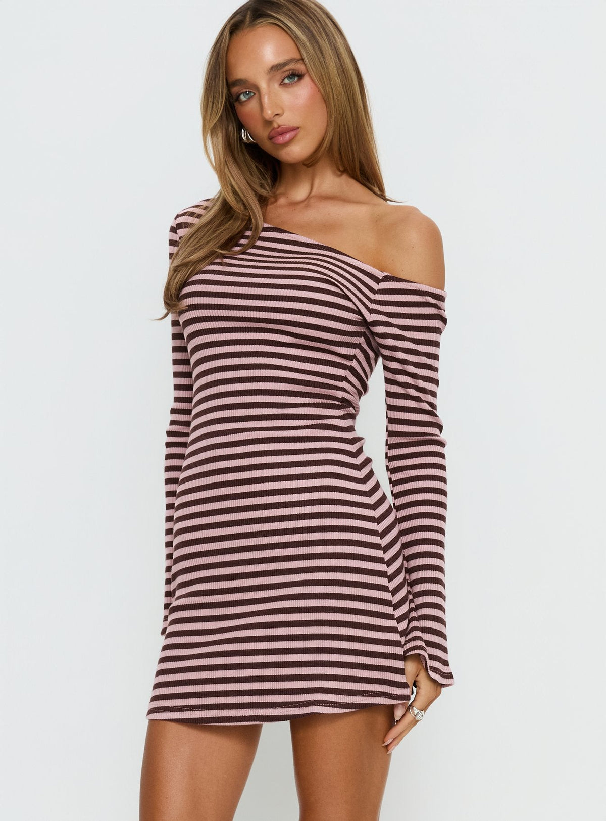 Adrietta Long Sleeve Off Shoulder Mini Dress Chocolate / Pink Stripe