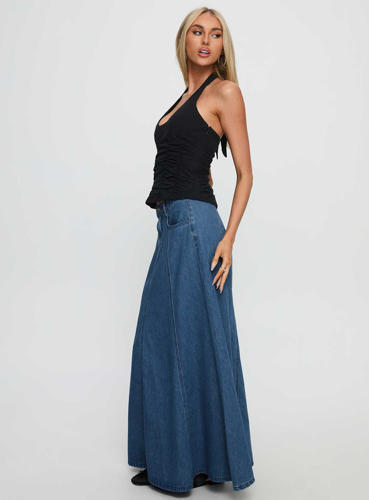 Charleigh Soft Pleat Denim Maxi Skirt Mid Blue Wash