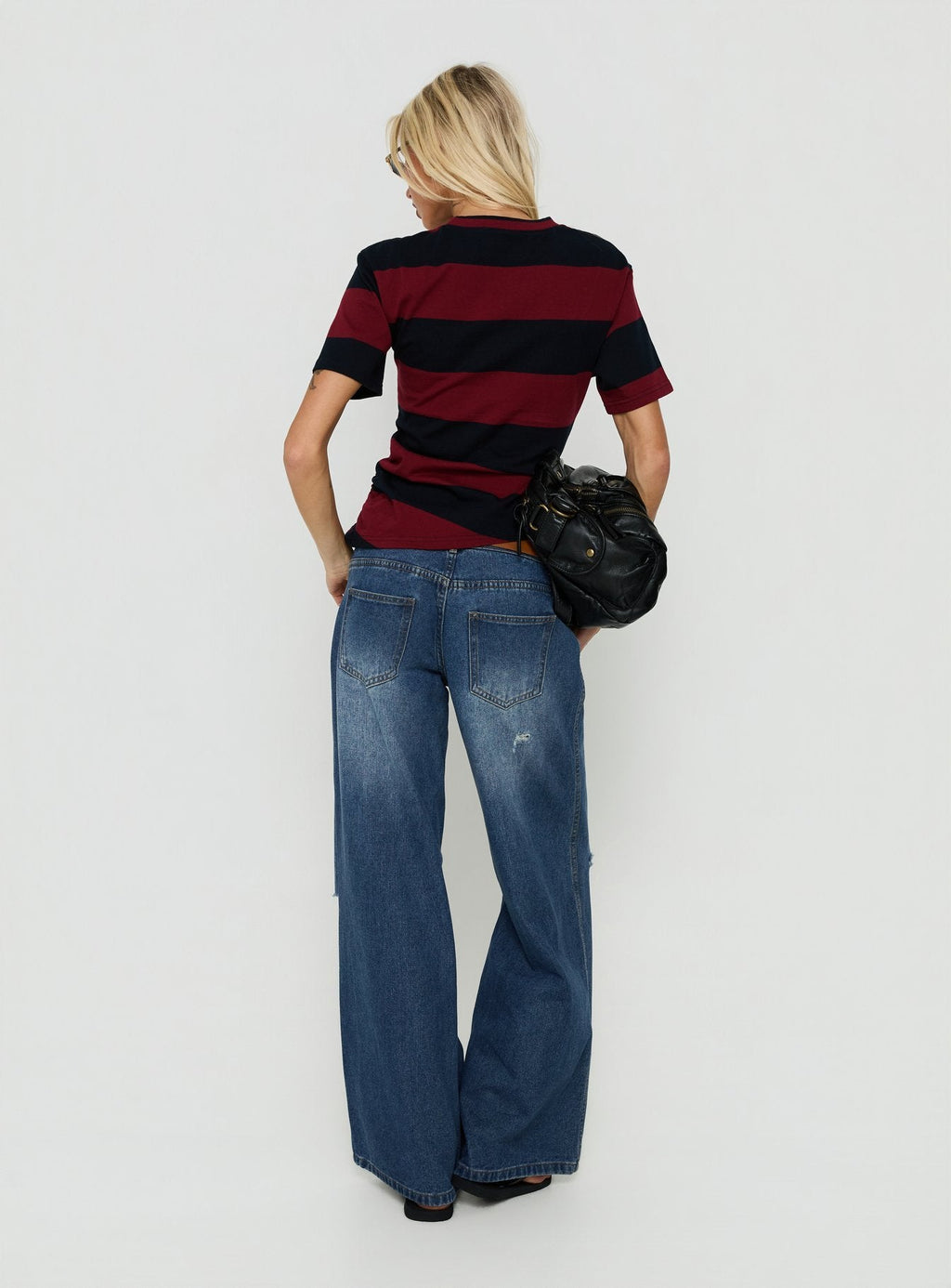 Ramos Low Rise Double Button Distressed Wide Leg Denim Jeans Mid Blue