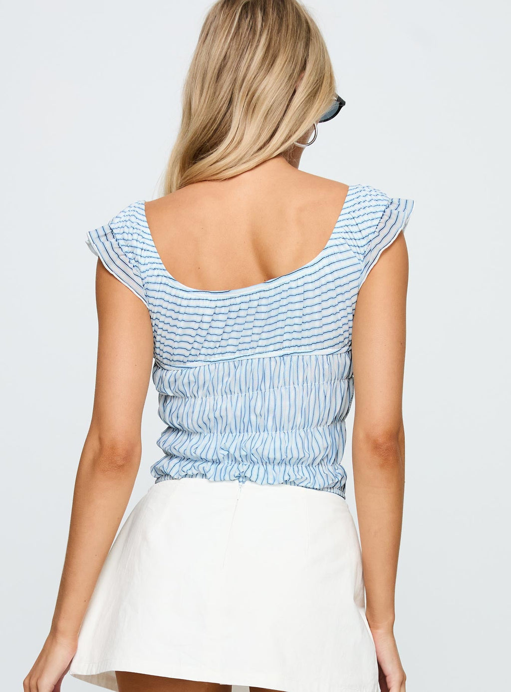 Ahead Of Myself Off Shoulder Bodysuit Blue Stripe