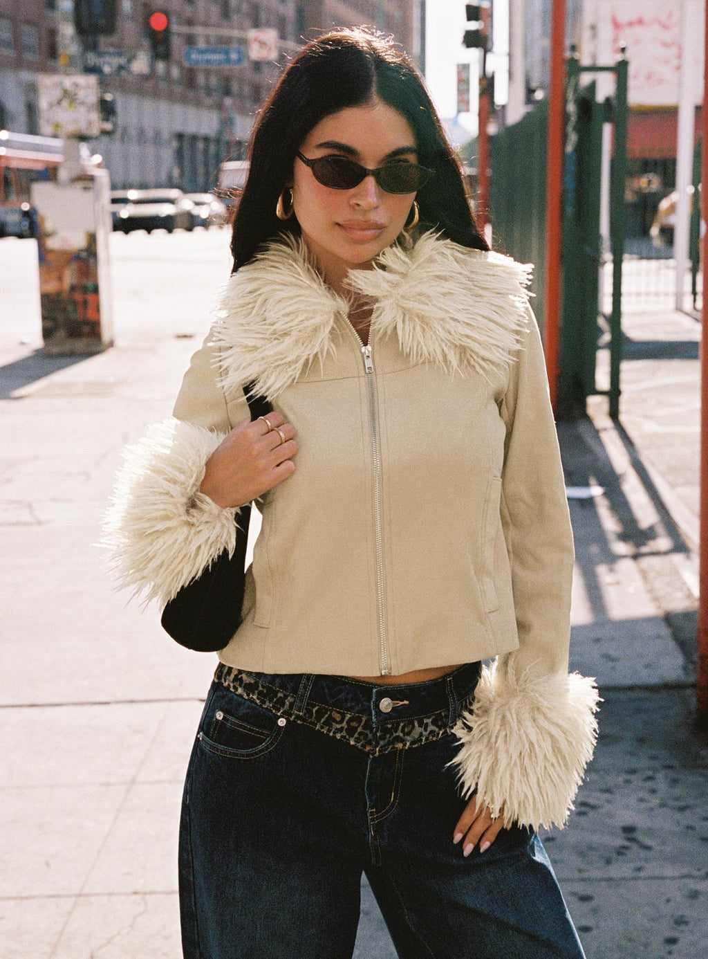 Jeanna Suede Faux Fur Detail Jacket Beige