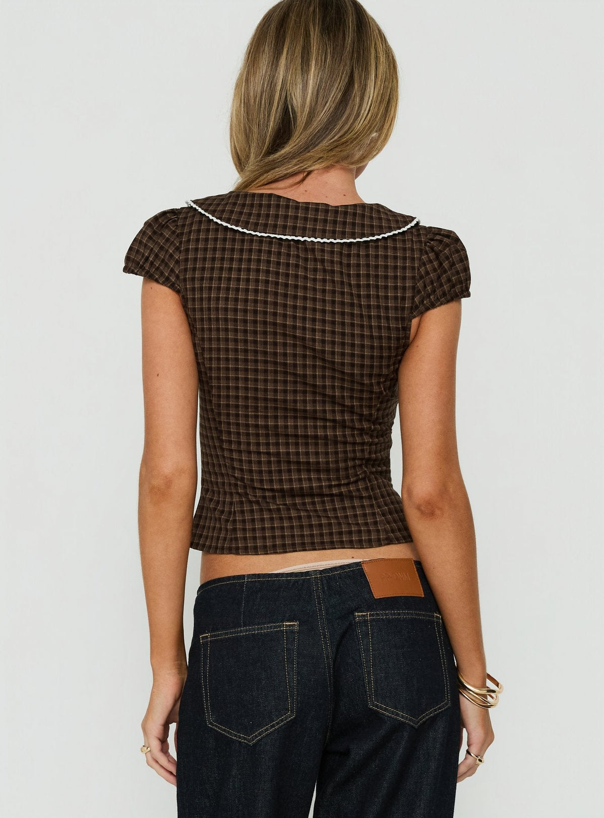 Gardinia Collared Button Down Top Brown Check