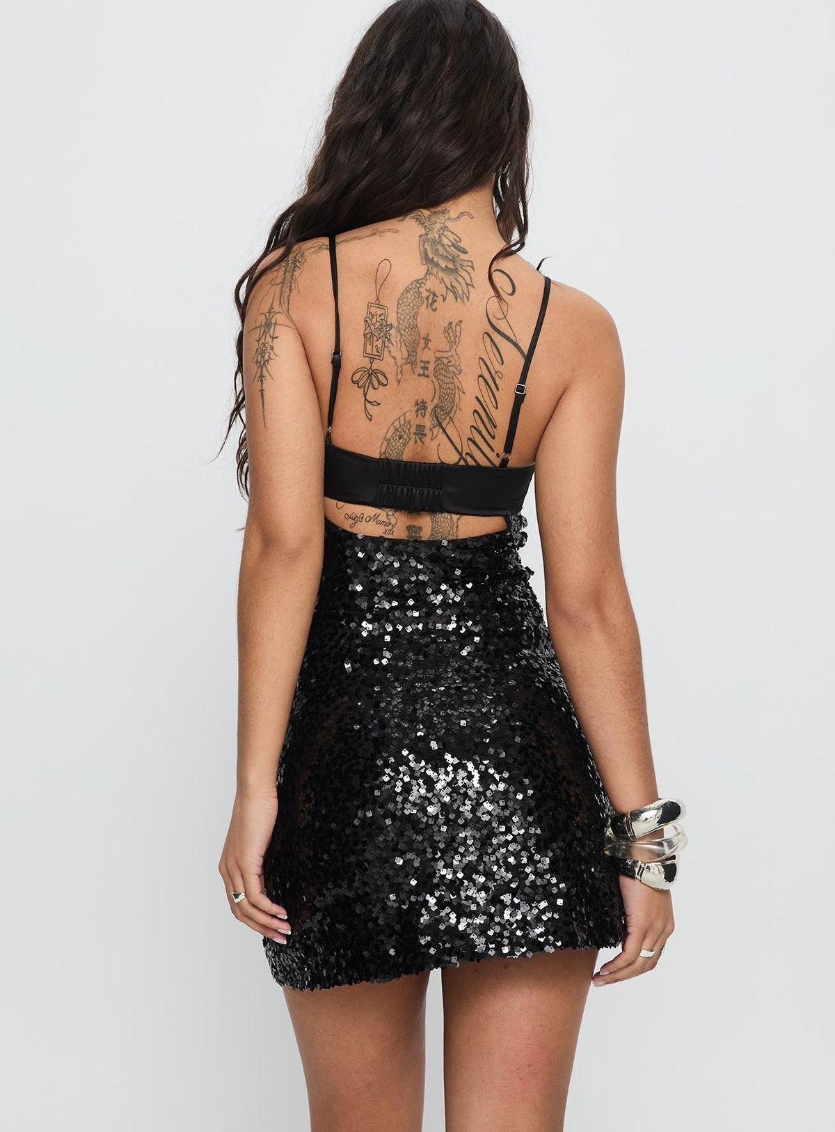 Alishia Satin Sequin Mini Dress Black