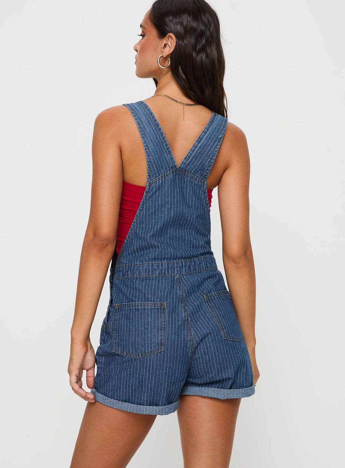Kacey Short Overalls Mid Blue Pinstripe