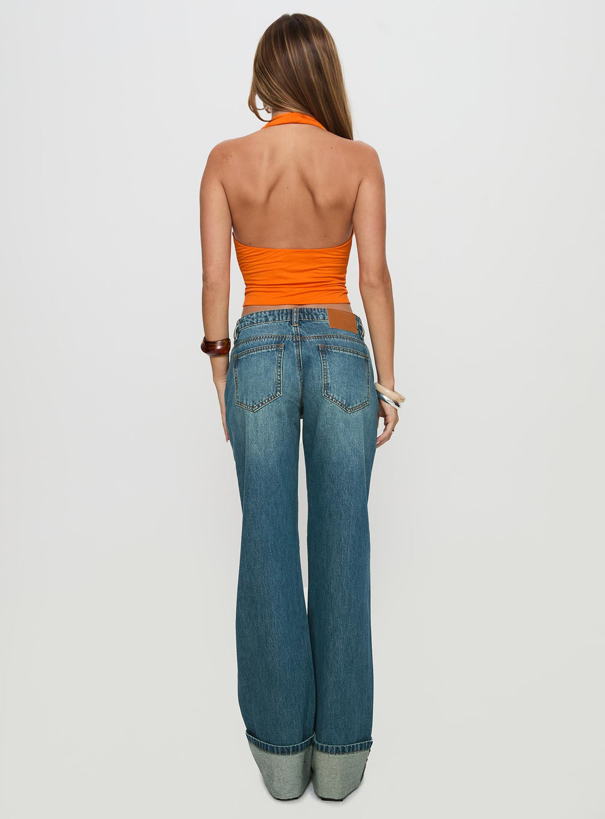 Toros Mid Rise Wide Leg Foldover Denim Jeans Mid Blue