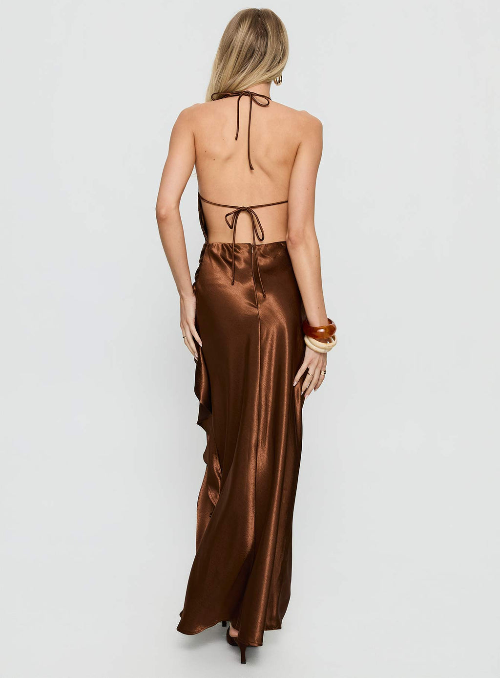 Annissa Plunge Halter Maxi Dress Dark Brown