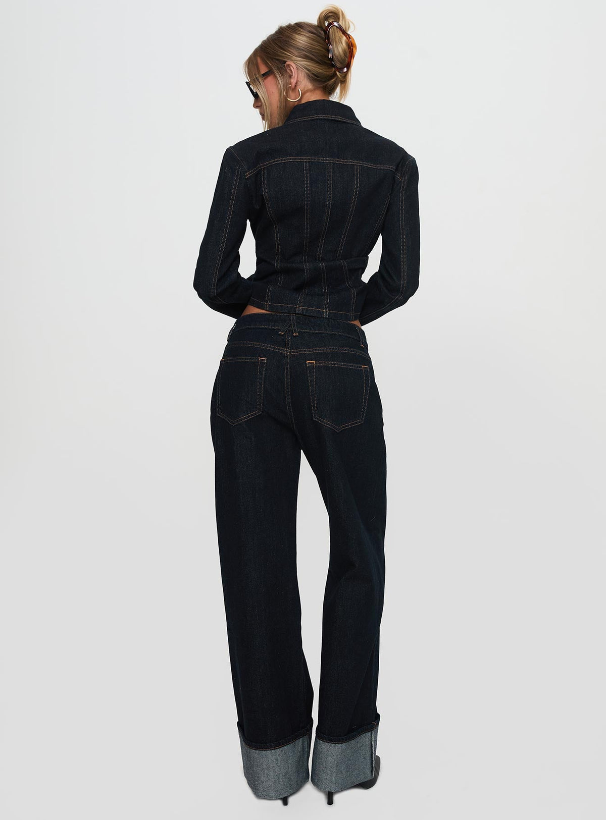 Top Model Low Rise Straight Leg Cuffed Jean Dark Denim
