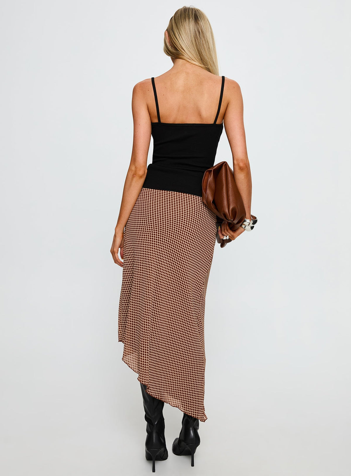 Suella Asymmetrical Midi Skirt Brown Polka Dot