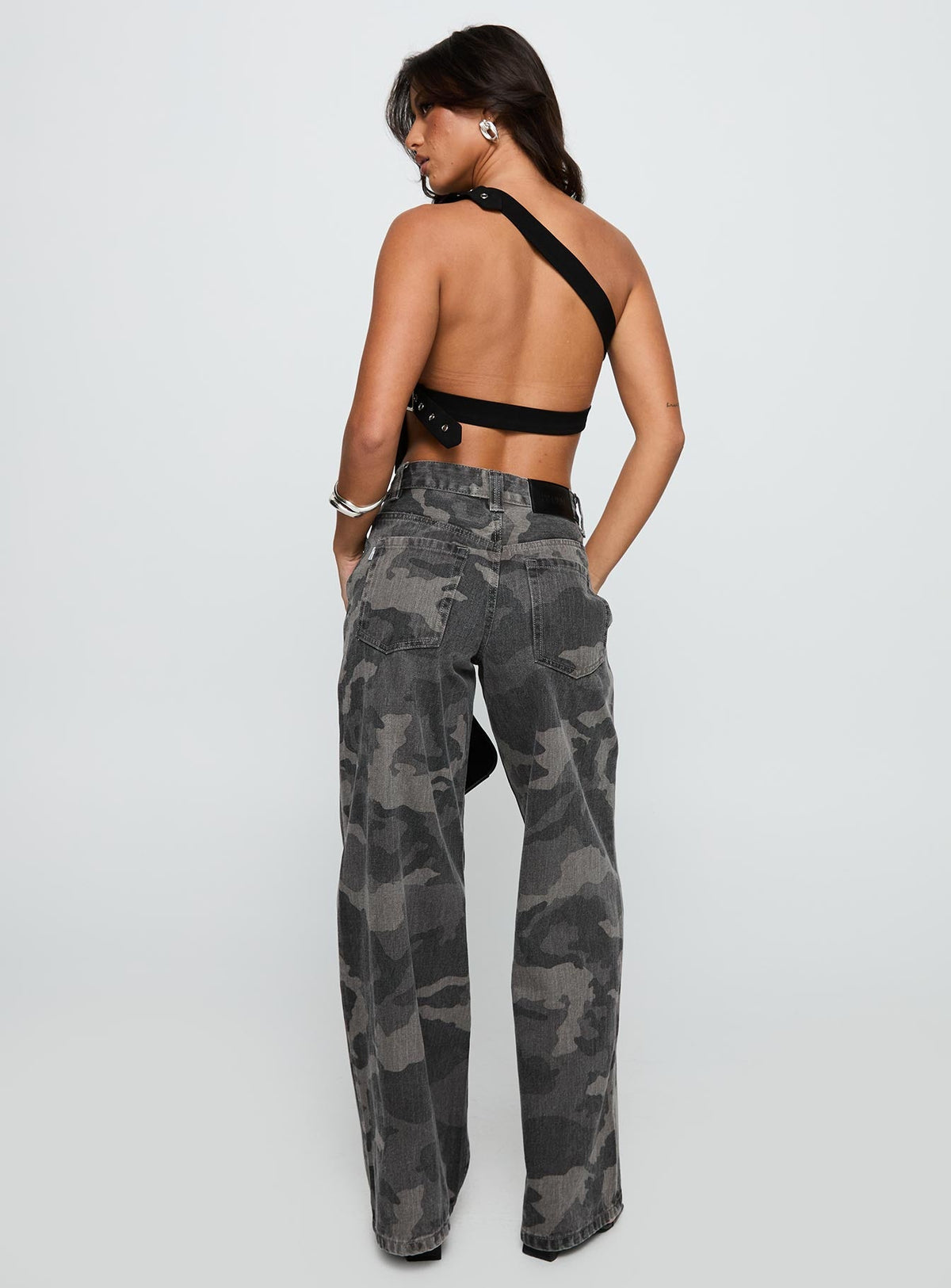 Big Talk Mid Rise Straight Leg Jeans Grey Washed Camo