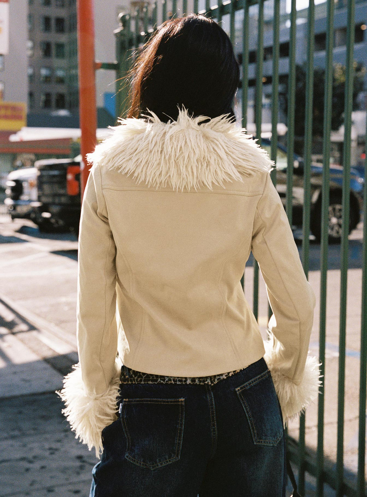 Jeanna Suede Faux Fur Detail Jacket Beige
