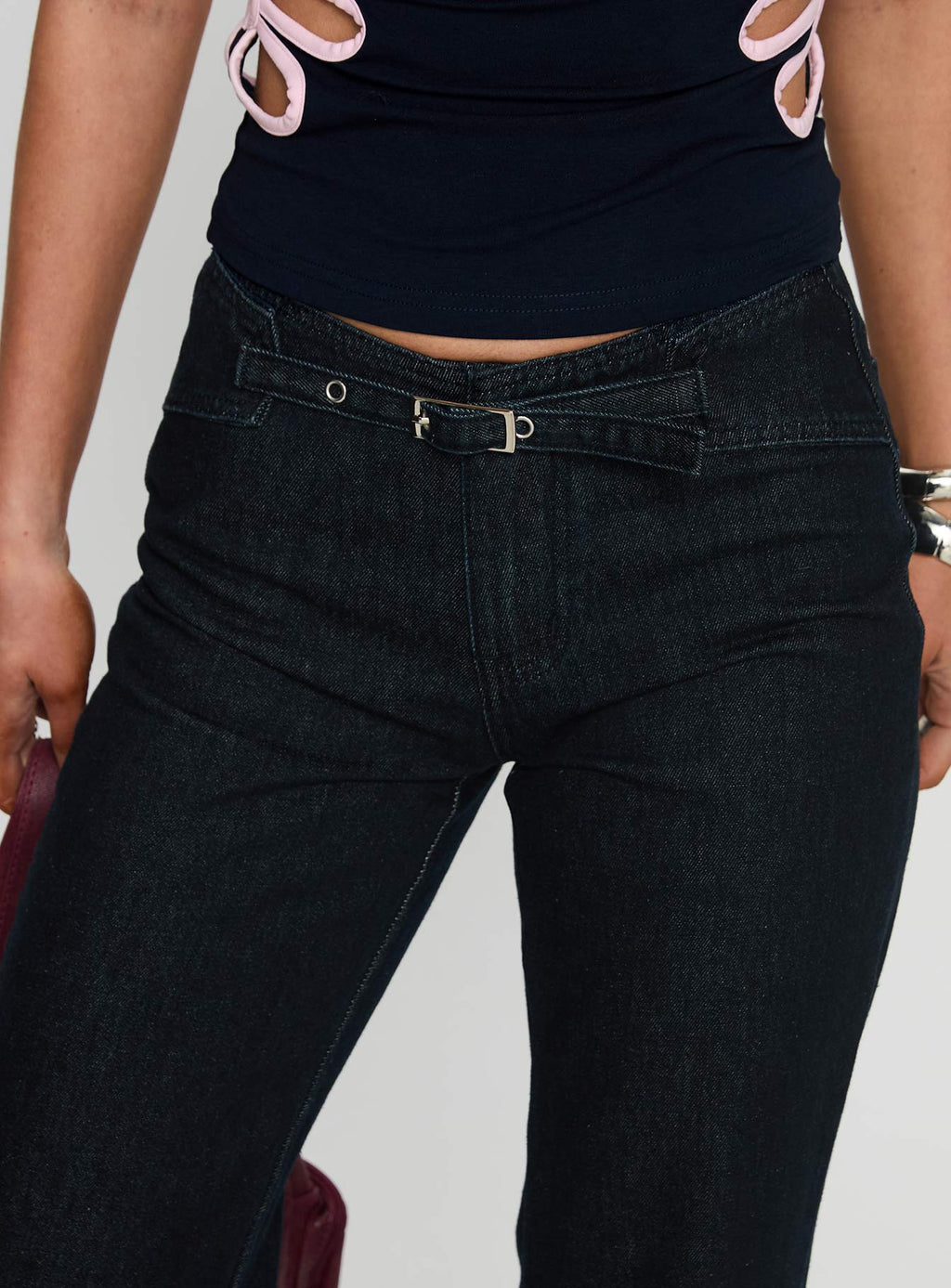 Slow Ride Mid Rise Bootleg Belted Jeans Dark Indigo Blue