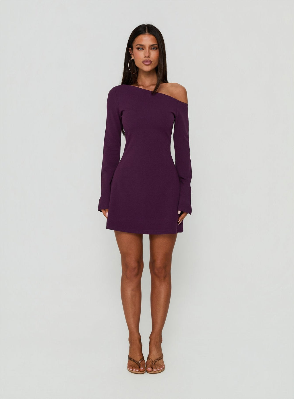 Adrietta Long Sleeve Off Shoulder Mini Dress Plum Noir