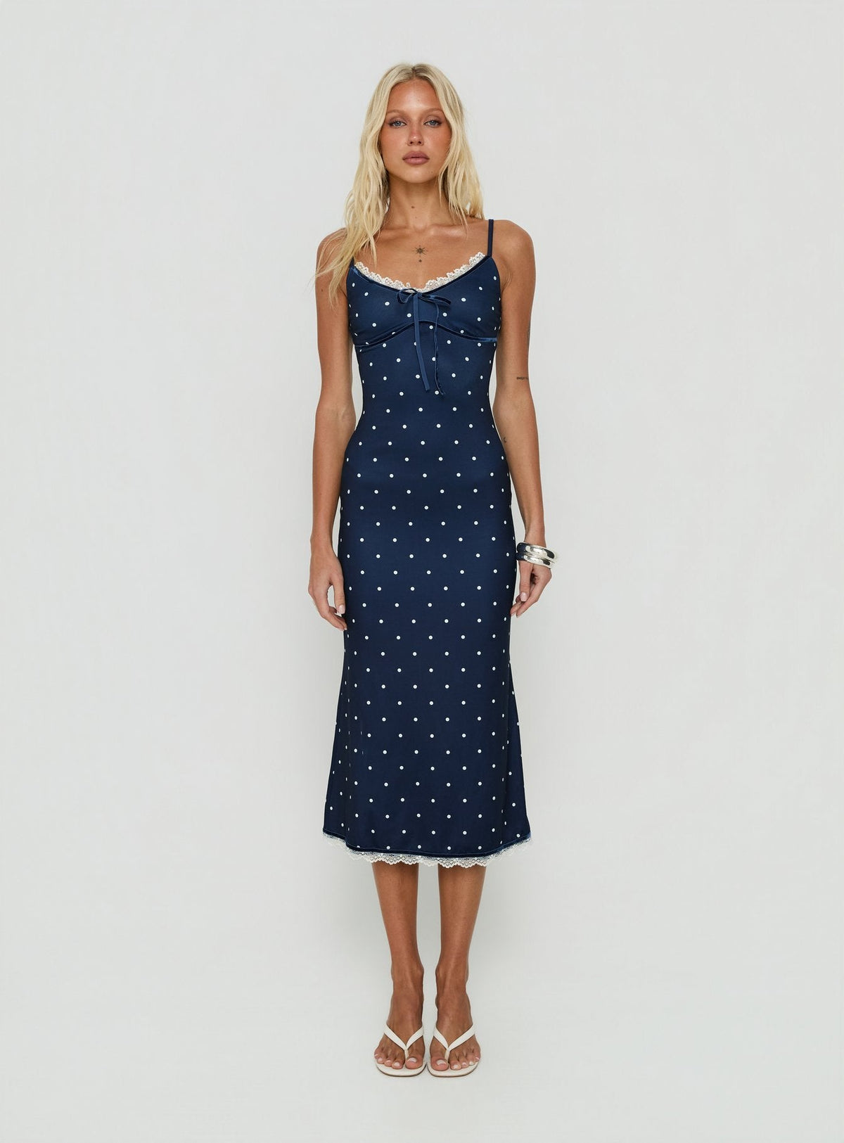 Delaney V Neck Frill Midi Dress Navy / White Polka