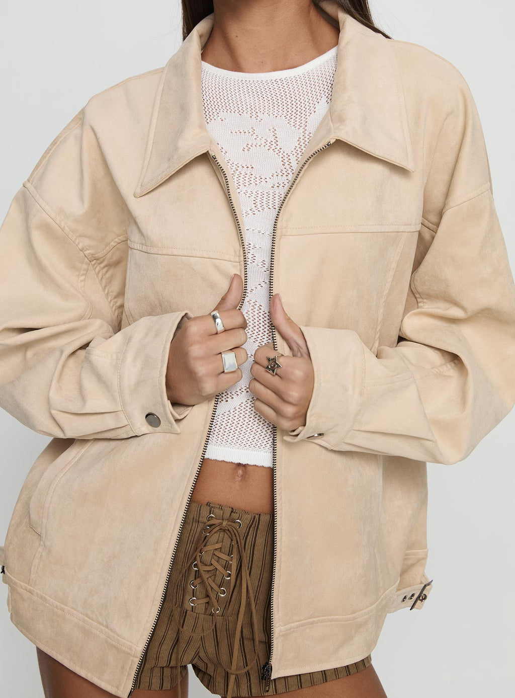 Goldsmith Faux Suede Bomber Jacket Beige