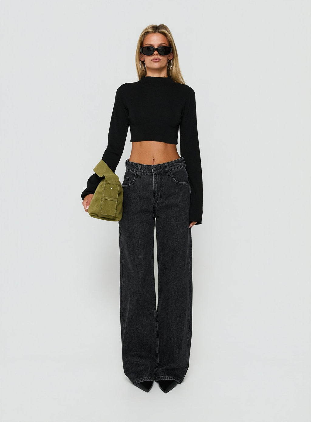 Georgily Funnel Neck Long Sleeve Crop Top Black