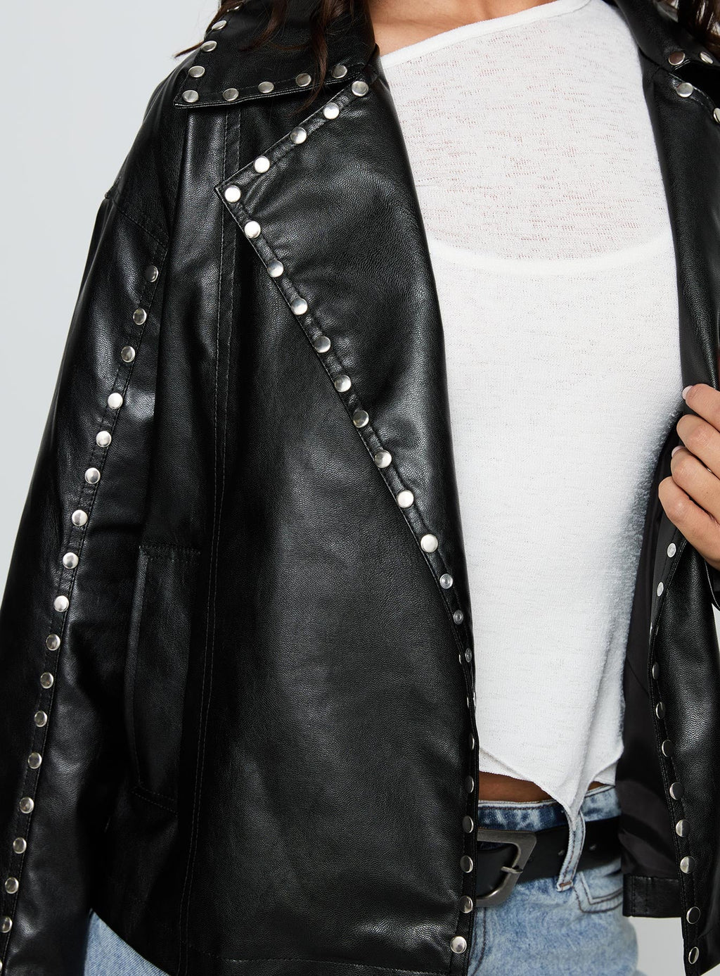 Kaeden Faux Leather Stud Detail Biker Jacket Black