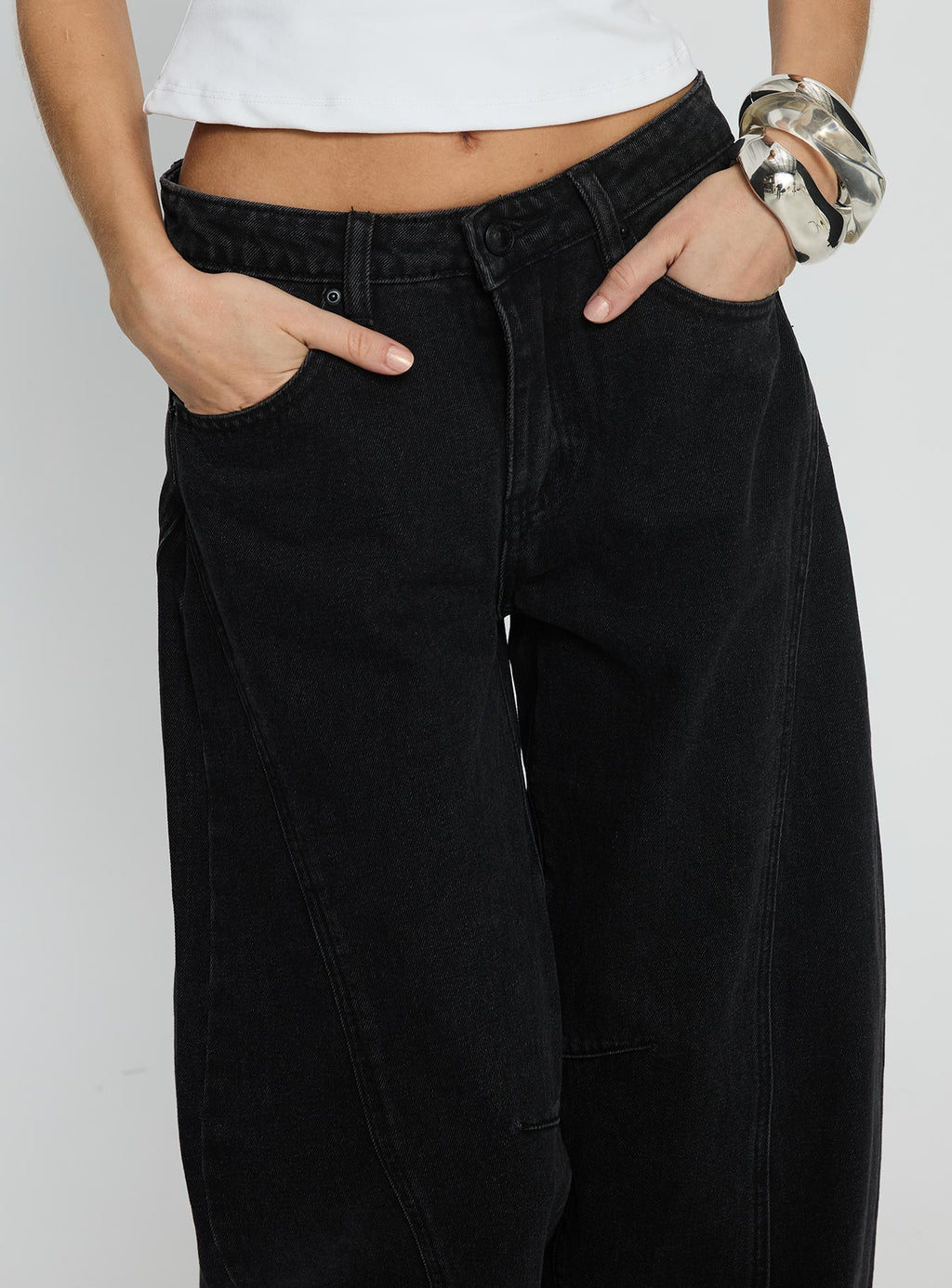 Lost Track Mid Rise Barrel Leg Jeans Washed Black