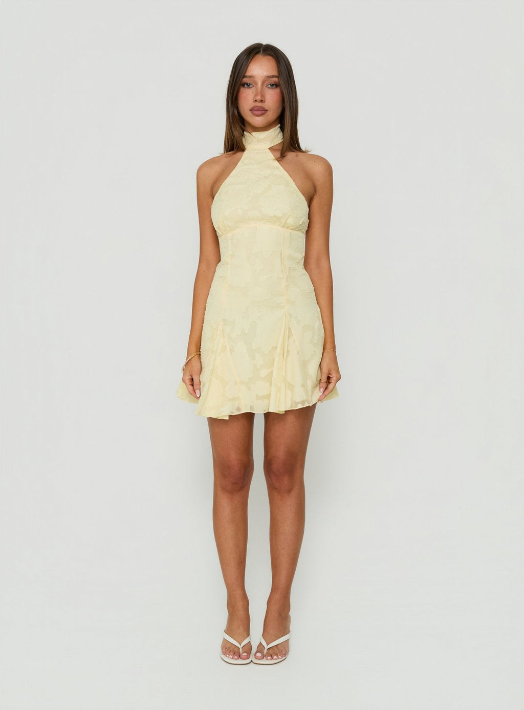 Bellanca Halter Pleat Mini Dress Butter Yellow Burnout
