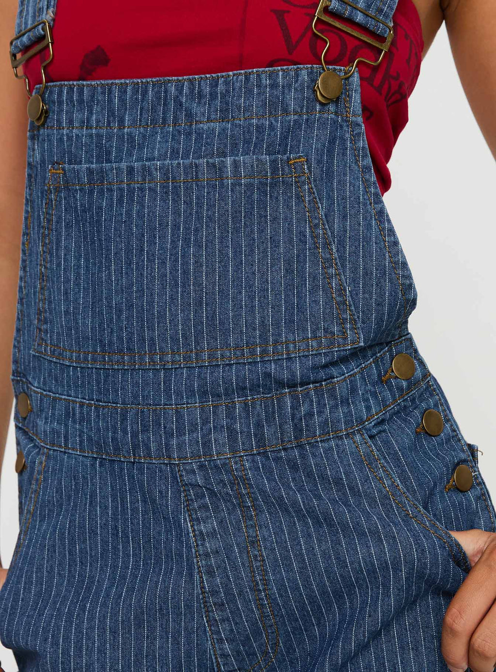Kacey Short Overalls Mid Blue Pinstripe