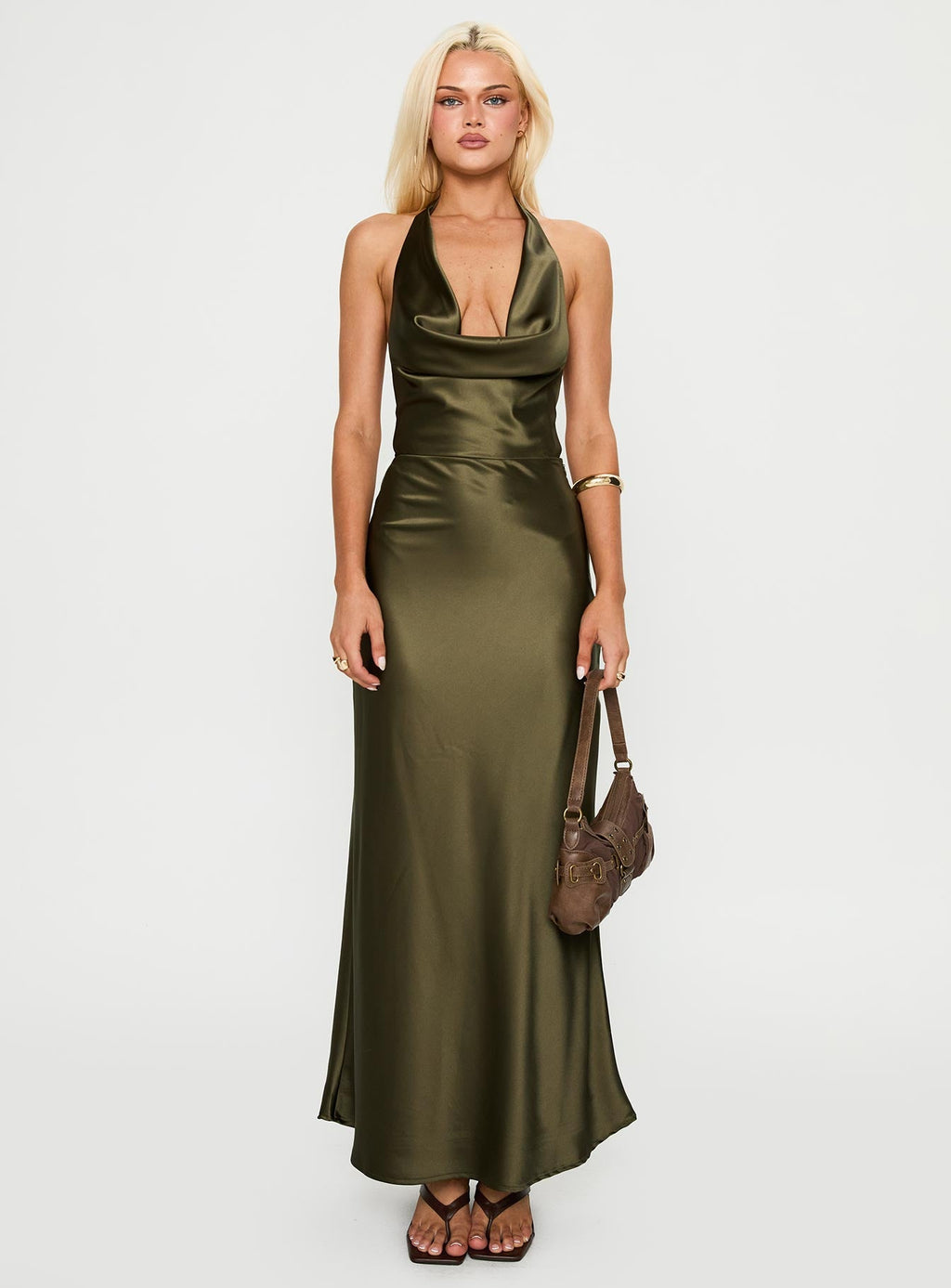 Iridescent Plunge Maxi Dress Olive Green